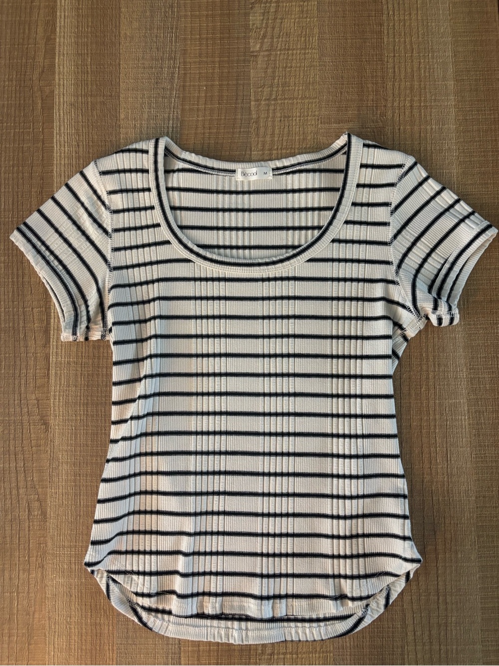 Ribbed Short-Sleeve Scoop Neck Top in White and Black Stripes
